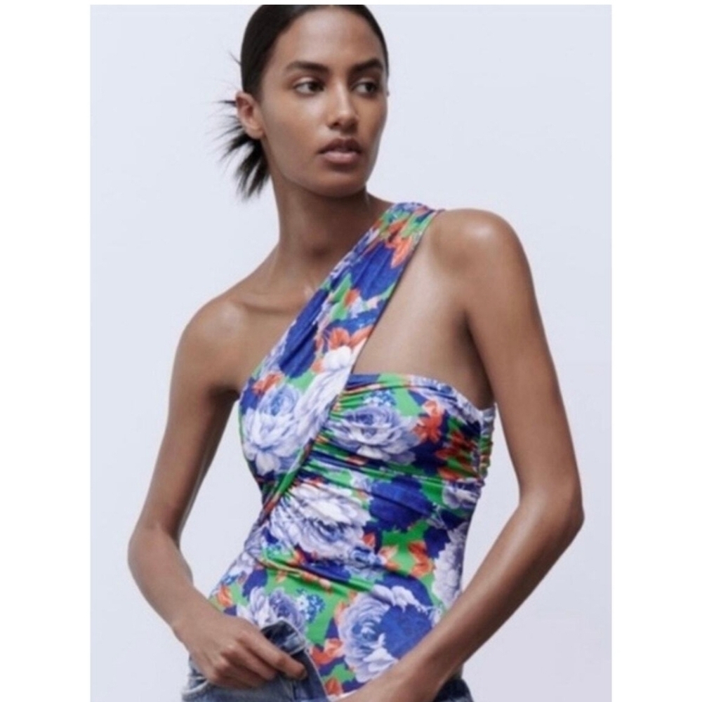 New Zara One Shoulder Floral Halter Womens Size Med Top Bodysuit